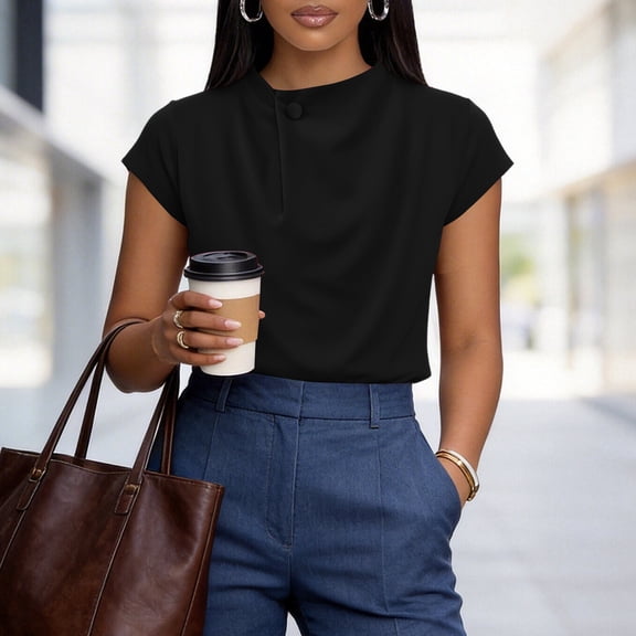 ClodeEU Women's Ruched Mock Neck Short Sleeve T-Shirt,Slim Fit Crew Neck Tee Black,Women's Plus L