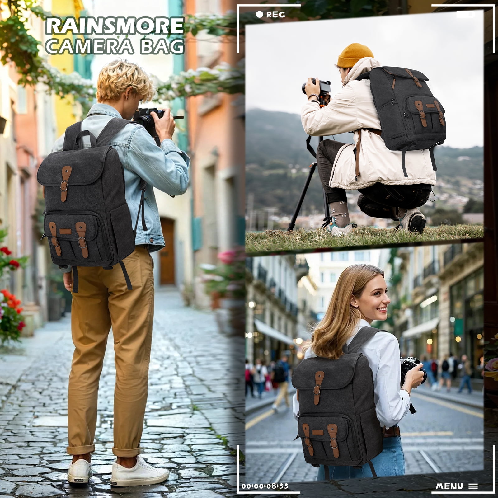 RAINSMORE Camera Bag Backpack for DSLR/SLR Mirrorless 15.6 Inch Laptop Camera Back Pack for Photographers Anti-Theft Photography Bags Case with Tripod Holder & Rain Cover, Black