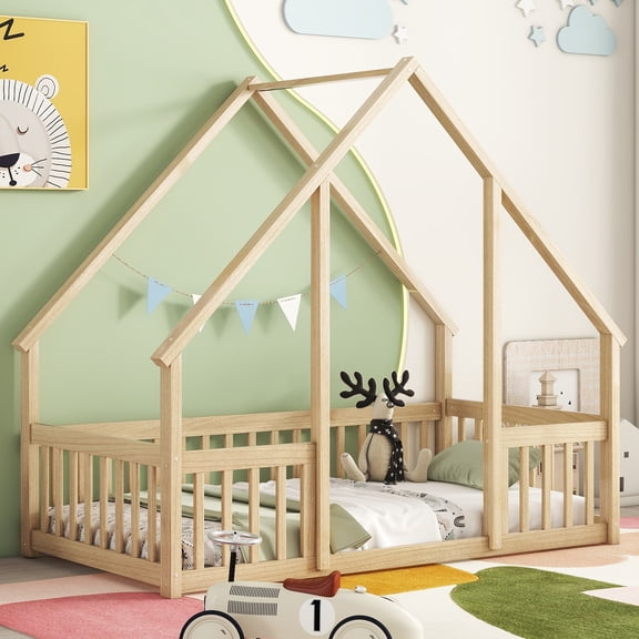 Pinovk Twin Wood House-Shaped Floor Bed with Fence, Guardrails ,Natural