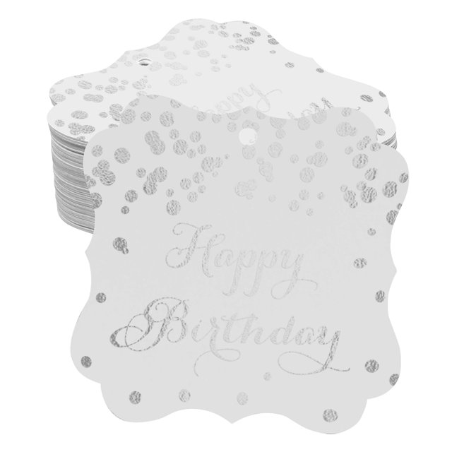 Inkdotpot Pack Of 100 Happy Birthday Paper Tags DIY Craft Bracket Shape Real Silver Foil Hang Tags