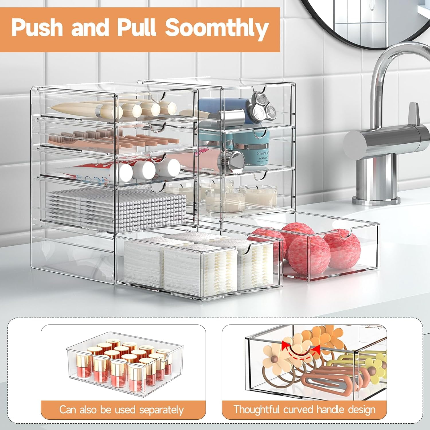 Makeup Drawer Storage Organizer with 20 Drawers, 4 Set Acrylic Office Desk Organization and Storage, Dustproof Drawer Organizer for Office, Countertop, Bathroom, Bedroom