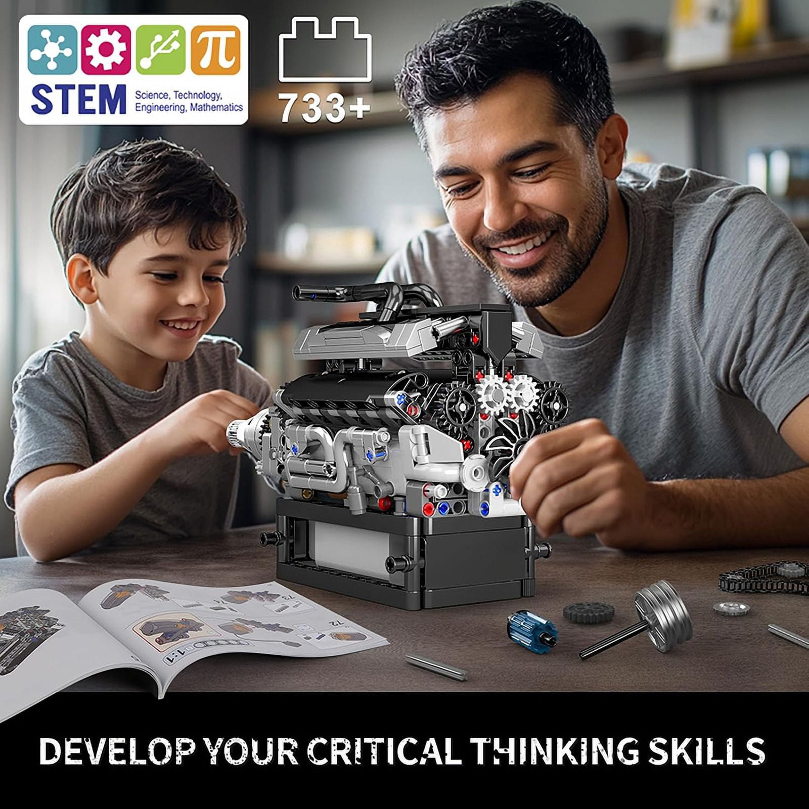 SNOWEAGLE V12 Engine Building Blocks Sets, 10205 Car Engine Model kit That Run, Build Your Own STEM Model Mini Engine, 12-Cylinder Engine Building Engineering Toys for Kids/Adults(733+PCS)