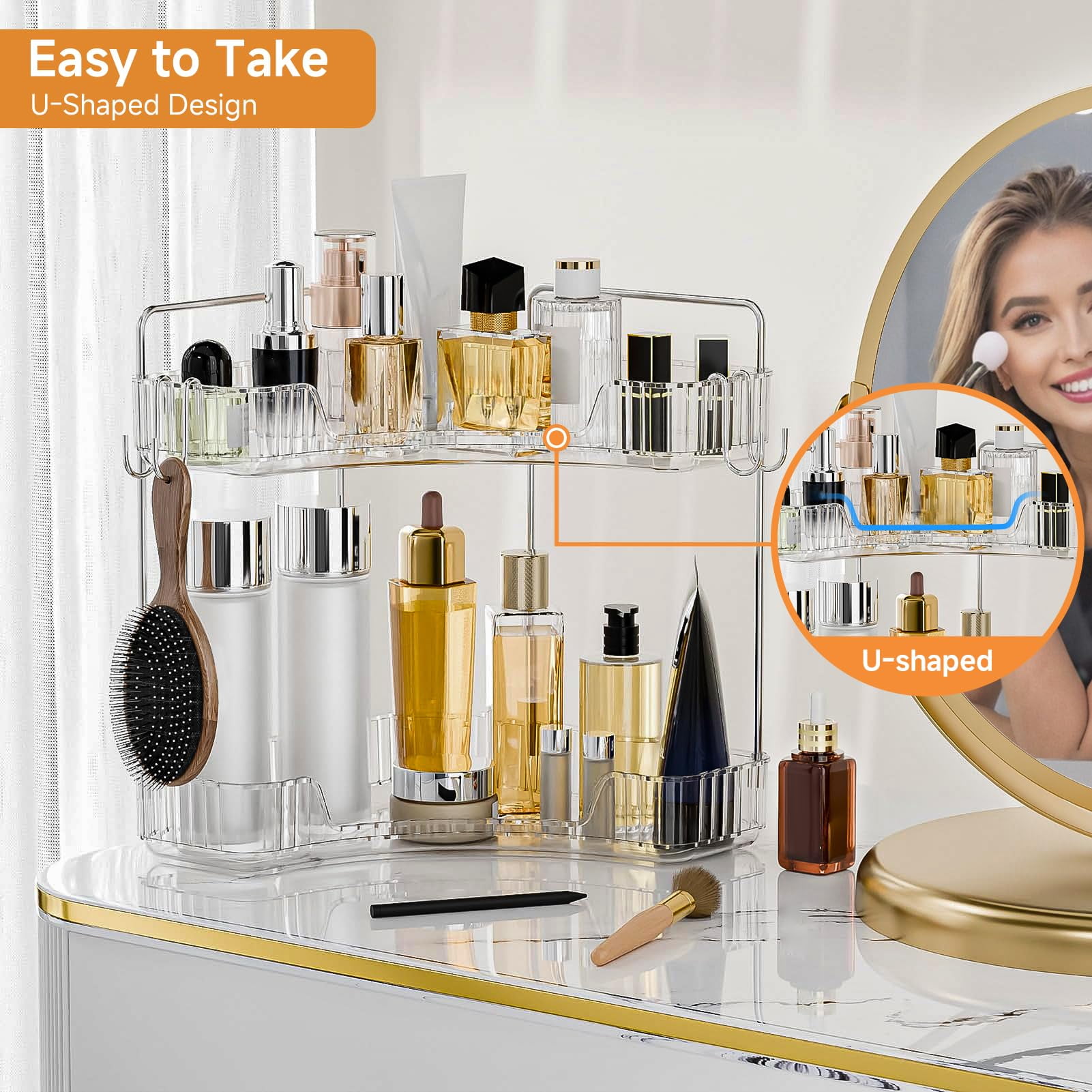 Subekyu 2 Tier Bathroom Counter Organizer Countertop,Plastic Bathroom Counter Organizer, Vanity Tray Sink Shelf with Hooks, for Makeup Storage (Clear)