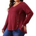 thumbnail image 2 of DARING DIVA Women's Plus Size Long Sleeve Button Side Swing Blouses 2X Burgundy, 2 of 6