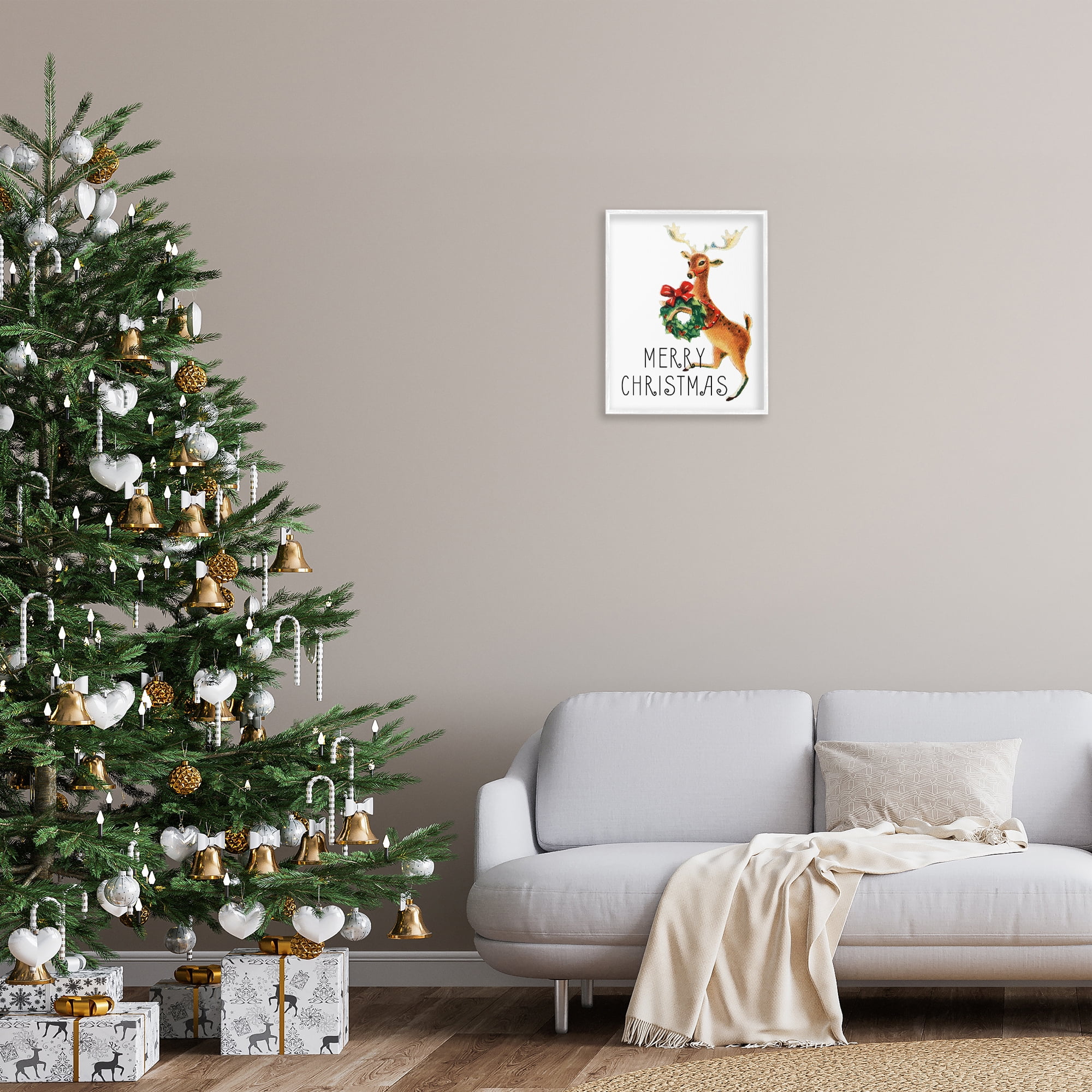 Stupell Industries Merry Christmas Reindeer Holiday Painting White Framed Art Print Wall Art, 16 x 20