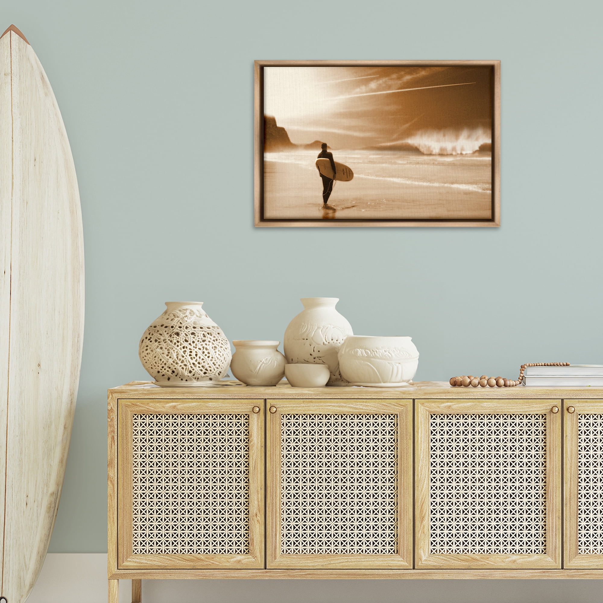 Stupell Industries Out Of The Sun Surfer Coastal Photography Brown Floater Framed Canvas Art Print Wall Art, 31 x 21