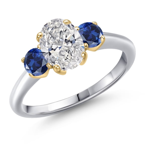 Gem Stone King 1.50cttw 10K White Gold IGI Certified Lab Grown Diamond and Blue Created Sapphire 3-Stone Engagement Ring for Women | Center 1.00 Ct Diamond | E-F Color | VS1-VS2 Clarity | Size 7
