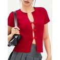 thumbnail image 4 of Yunliwuli Women Short Sleeve Knit Tops Solid Color Plunging V-Neck Open Front Buckles Casual T-Shirts Summer Slim Fit Shirts Streetwear, 4 of 10
