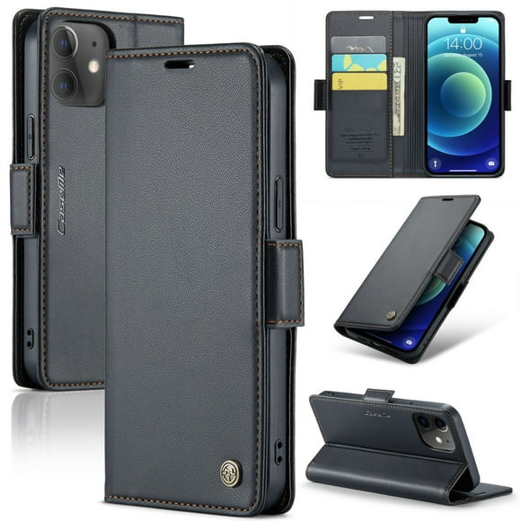 CaseMe Leather For iPhone 12 Wallet Case with RFID Blocking, For iPhone 12 Case Wallet for Women Men Card Holder Magnetic Clasp Kickstand Folio Case for iPhone 12,Black,For iPhone 12