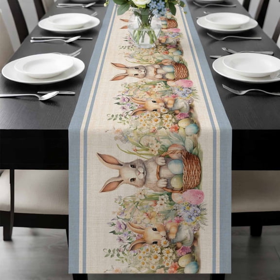 Easter Bunny Blue, Table Runner 60 Inches Long, Rustic Daisy Flower Easter Basket Egg Kitchen Coffee Dining Table Decoration for Home Party Birthday Wedding Home Decor 13x60 Inches