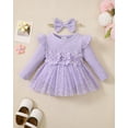 thumbnail image 2 of Kucnuzki Newborn Baby Girls Dress Fall Winter Romper Dress Ruffle Long Sleeves One-piece Dress Solid Color Bow Knit Overalls Tulle Dress with Headband Purple NB, 2 of 7