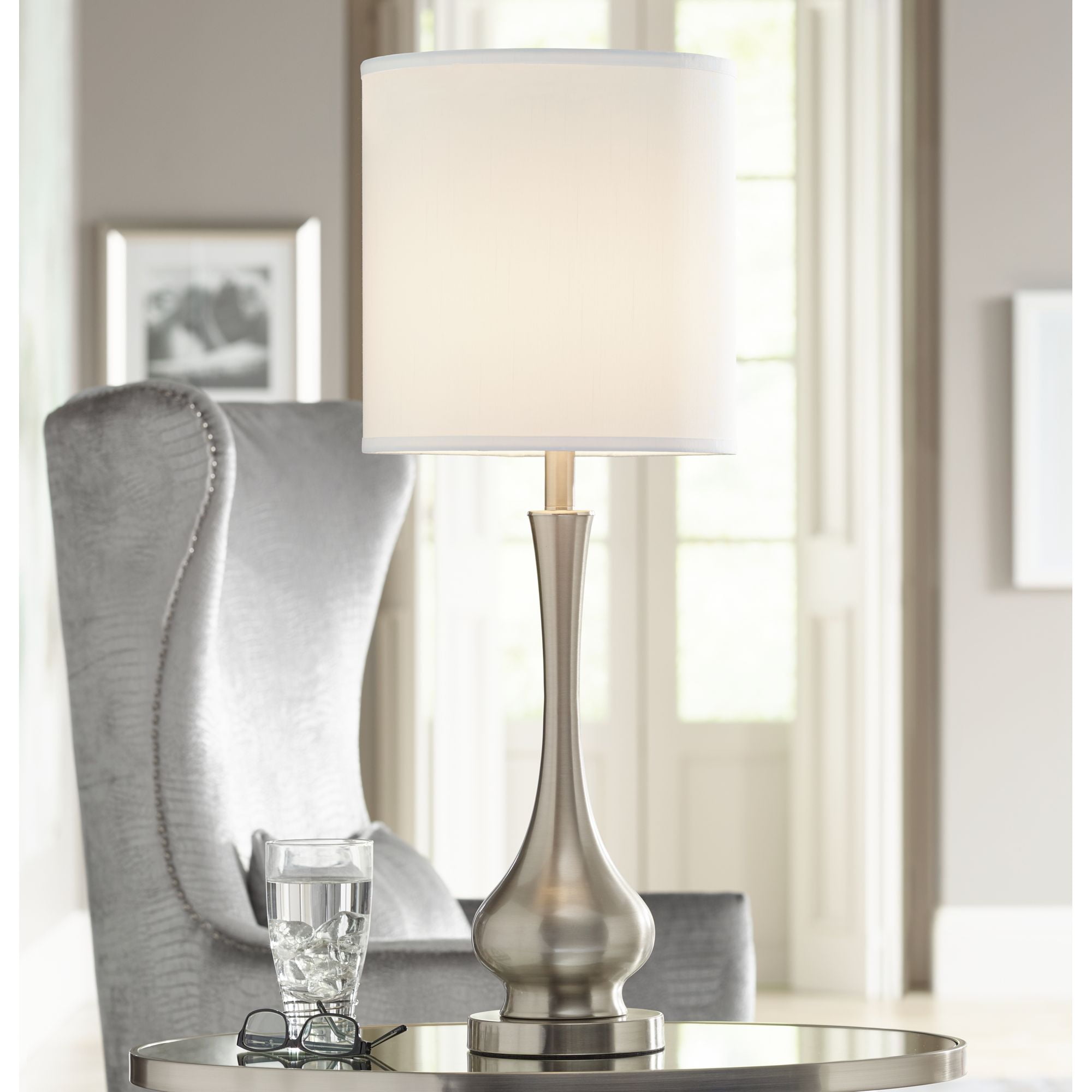 Possini Euro Design 32" Tall Gourd Large Modern End Table Lamps Set of 2 Silver Brushed Steel Finish Metal Living Room Bedroom
