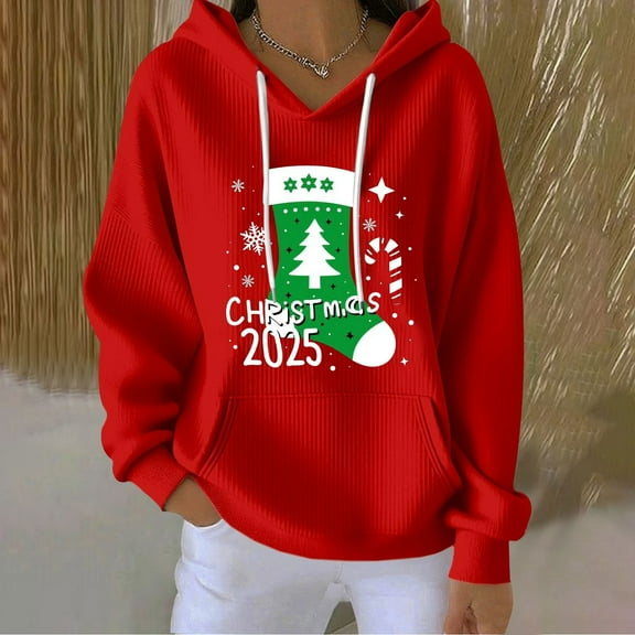 Yteetum Women's Oversized Christmas Hoodies Crewneck Christmas Print Long Sleeve Knit Pullover Drawstring Hooded Sweatshirts Top Womens Loose Xmas Holiday Print Round Neck Hoodies Fall Clothes