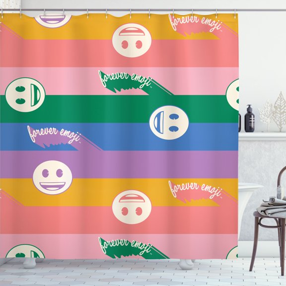 Ambesonne Emoji Shower Curtain, Pastel Retro Stripes Smiles, 69"Wx70"L, Marigold Coral and Green
