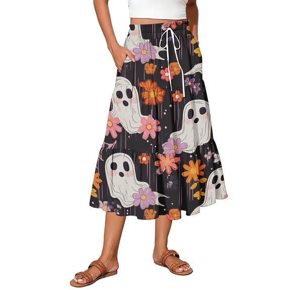 Womens Casual Elastic Waist Drawstring Midi Skirt Halloween Print Vacation Style A Line Flared Skirt With Pockets