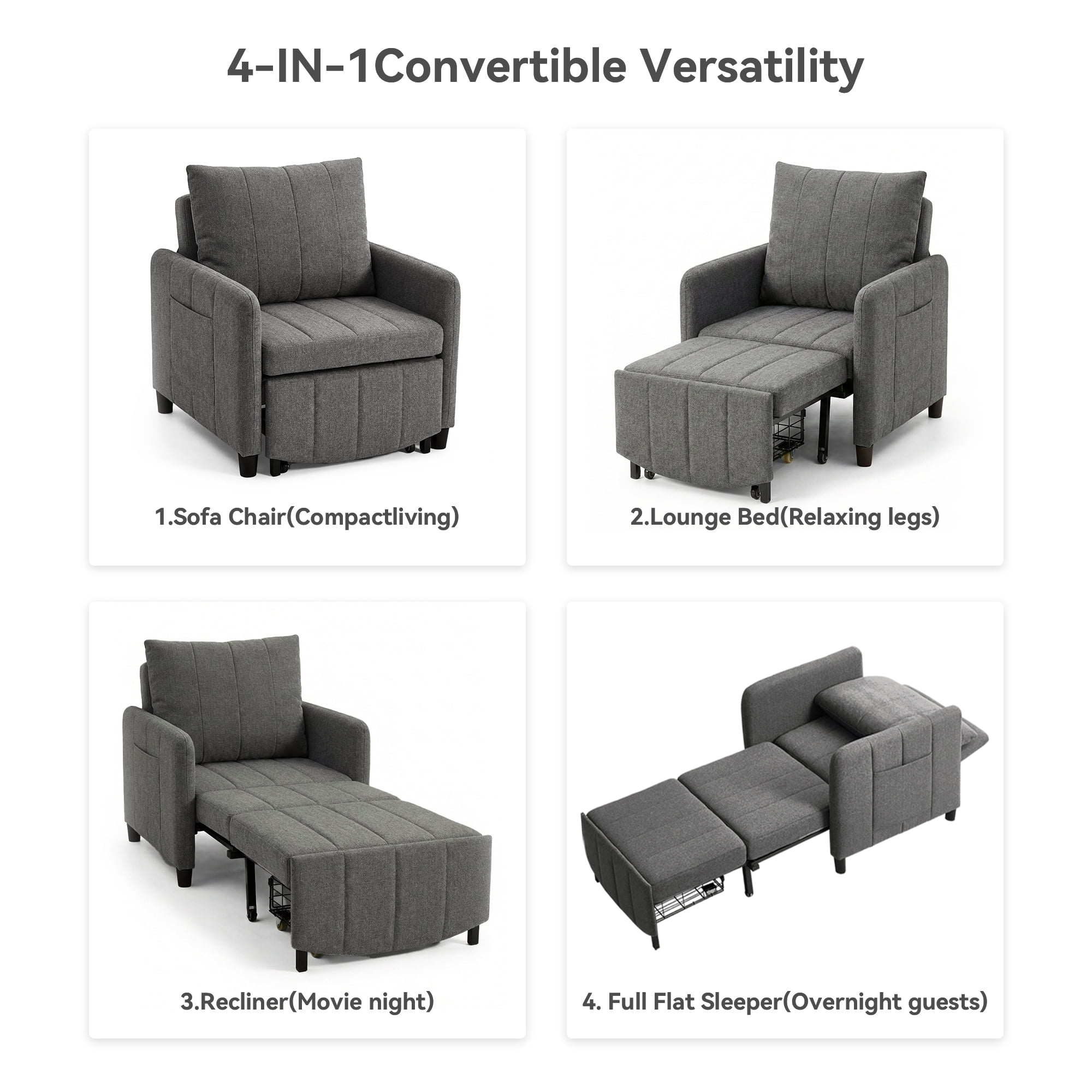 YIKEMA 4-in-1 Convertible Sleeper Chair Bed, 84 Inch Extra Long Pull Out Sofa for Tall Guests, Adjustable Backrest Lounge with Side Storage & Metal Frame, 500 lbs Capacity, Dark Gray