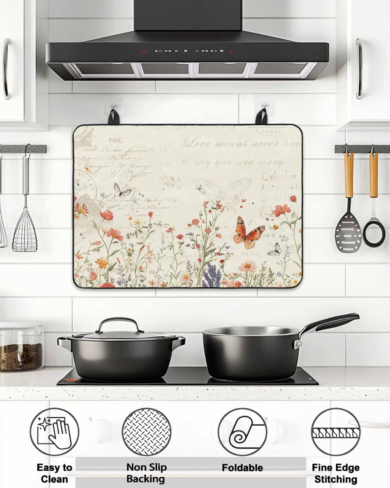 Stove Top Covers for Electric Stove, Retro Spring Floral Glass Stovetop Cover Protector, Botanical Colorful Summer Butterfly Induction Cooktop Protector Oven Mat for Kitchen Countertop 24"x21"