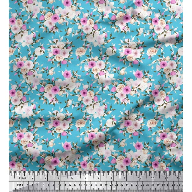 Soimoi Tissu Georgette Viscose Feuilles & Roses Imprimé Floral 1 Yard 42 Pouces de Large