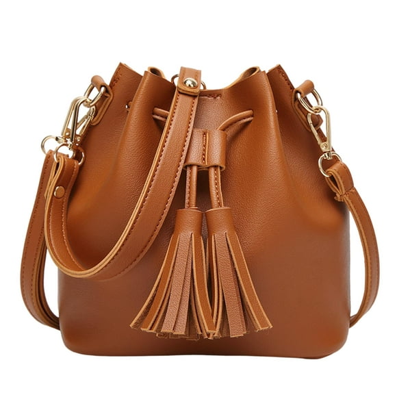 Bucket Shoulder Bag Hobo Bag Drawstring Bag Leather with Extra Longer Strap for Brown