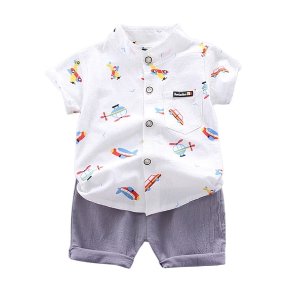 Byoo Toddler Boy Airplane Print Outfit Set Short Sleeve Stand Collar Button Down Shirt Shorts Baby Set Lightweight Summer Outdoor Outfits