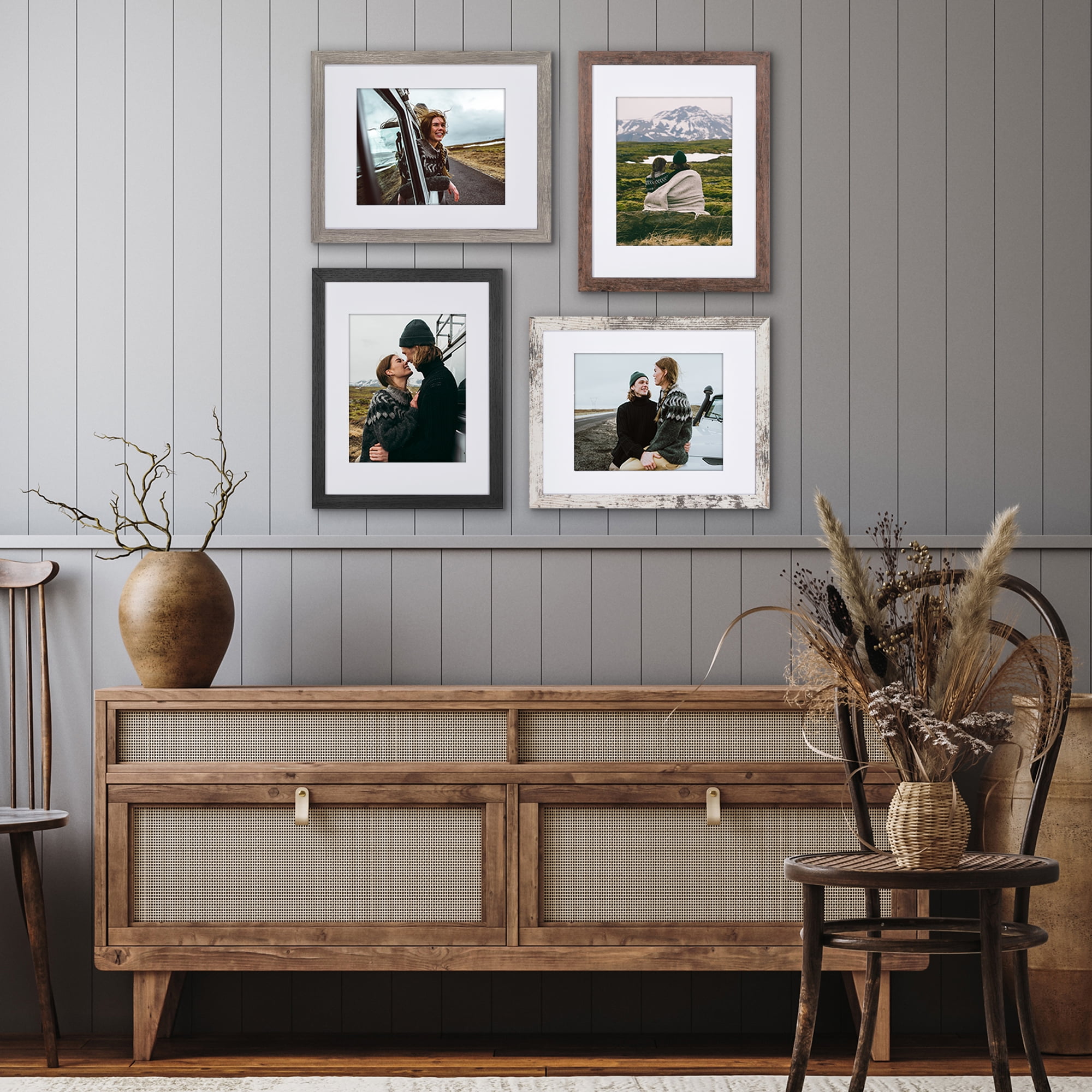 Americanflat 11x14 Picture Frame with 8x10 Mat 4 Pack - Rustic Picture Frames Shatter Resistant Glass and Easel