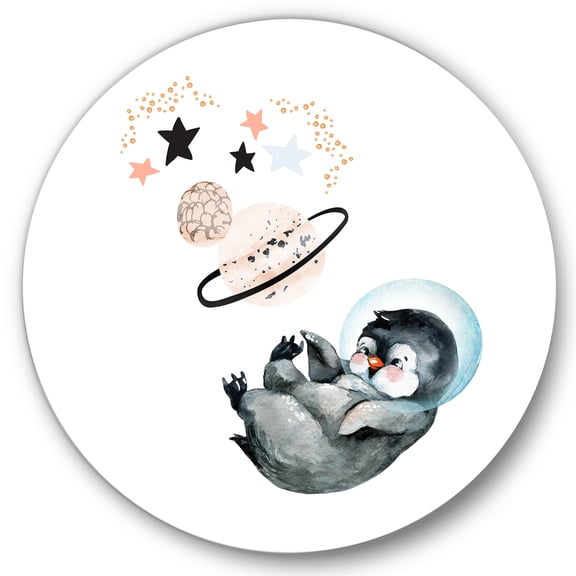 Designart 'Little Penguin With Planets and Stars I' Farmhouse Circle Metal Wall Art 36x36 - Disc of 36