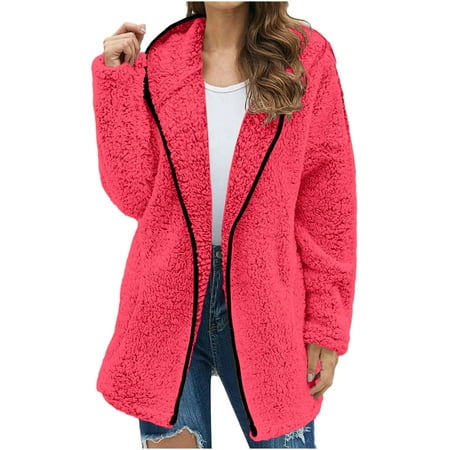 HAPIMO Winter Sherpa Coats for Women Solid Open Front Padded Jacket Girls Fall Fashion Tops Casual Comfy Long Sleeve Womens Faux Lambwool Hoodie Outwear Watermelon Red L