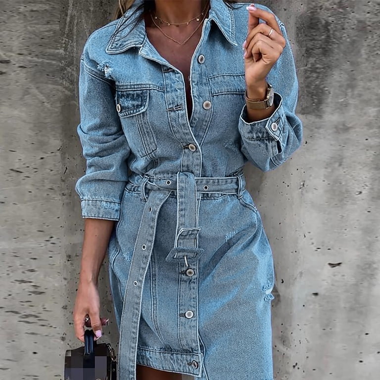 Women Casual Solid Dress Denim Dress Long Sleeve Turtleneck Pocket Dress  Button Slim Belt Dress Short Maxi Dress for Women Woman Summer Casual Dress  Summer Dress for Women with Sleeves Wrap Summer -
