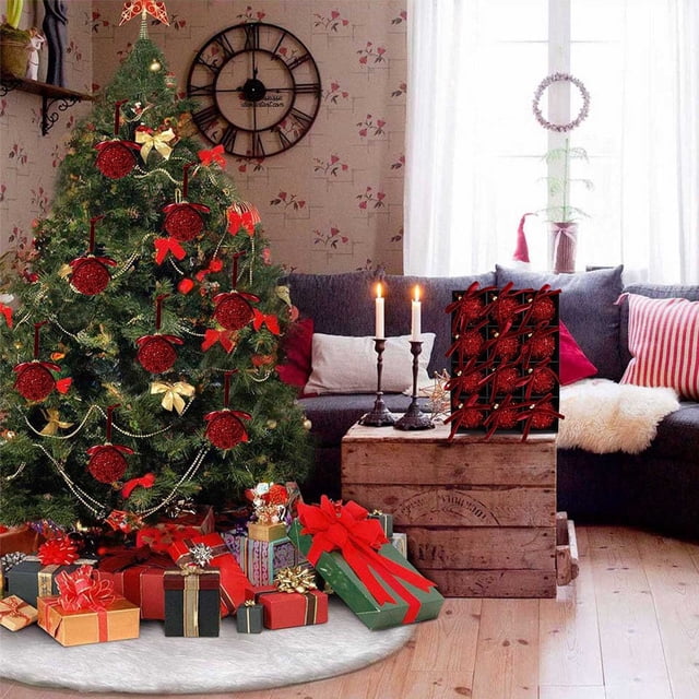 CaiYueKe Set of 12 Christmas Bow Ornaments Shatterproof Plastic Hanging Decorations, Festive Holiday Tree Decor, Xmas Balls for Home Window Party Wedding Seasonal Decorations