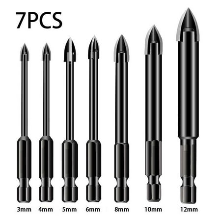 

QIFEI 7Pcs Drill Saw Bit Set 7Size Carpenter Cross Alloy Drill Bits Kit Cuts Through Ceramic Tiles Marble Thin Iron Plate Mirrors and Glass Black