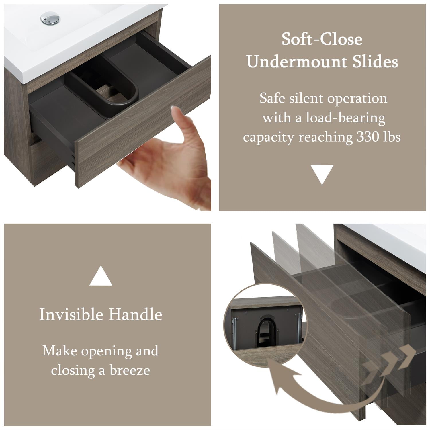 Demi Bonn 24" Floating Bathroom Vanity with Sink, Resin Top Basin and 2 Soft Close Drawers, Faucets and Drains Not Included, Gray