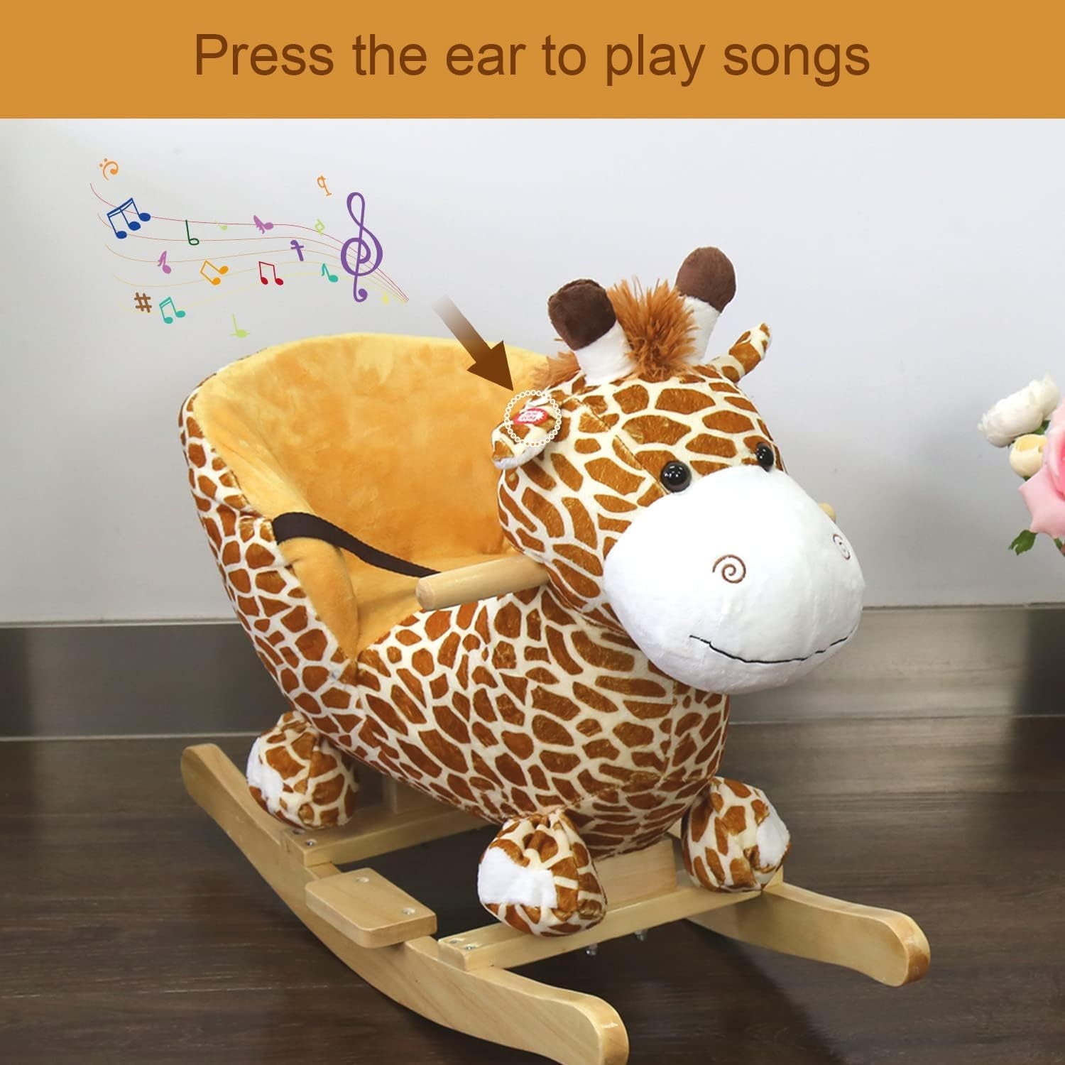 Kinbor Kids Rocking Plush Horse Toy Rocking Giraffe Wooden Ride On Toy with Sound & Seat Belts, Yellow