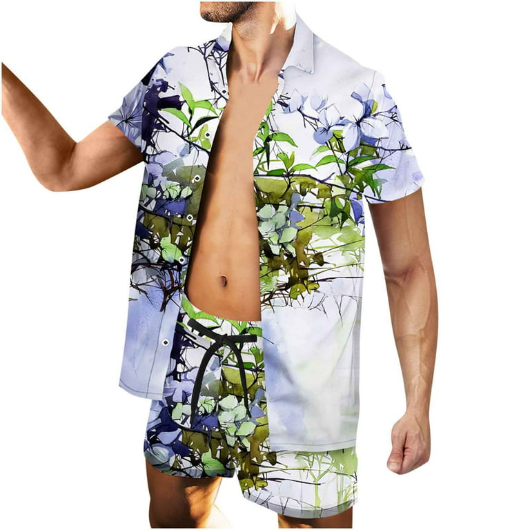 ZCFZJW Mens Casual Button Down Short Sleeve Shirt Set Hawaiian