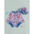 thumbnail image 4 of Toddler Baby Girl 4th Of July Rash Guard Swimsuit Zip Up Ruffled Long Sleeve Crew Neck Swimwear Star Print Bathing Suit with Sun Hat Fourth Of July Outfits, 4 of 8
