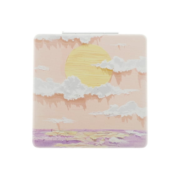 Unique Bargains 1 Pc Women Square Hand-drawn Makeup Mirror for Travel Vacation Orange Metal PU Glass