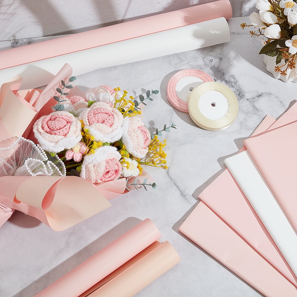80Pcs 4 Colors Plastic Bouquet Wrapping Craft Paper Wedding Party Decoration with 4 Rolls Gold Edged Satin Ribbon Mixed Color 550~552x530~532x0.1mm
