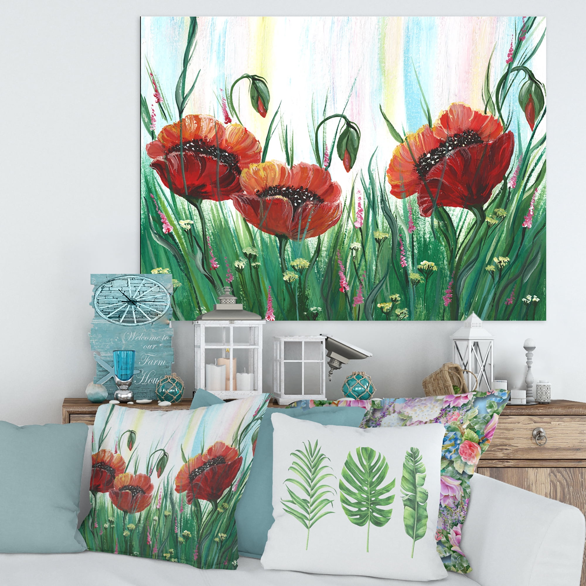 Designart ' Three Red Bright Poppy Flowers On A Green Meadow ' Traditional Canvas Wall Art Print