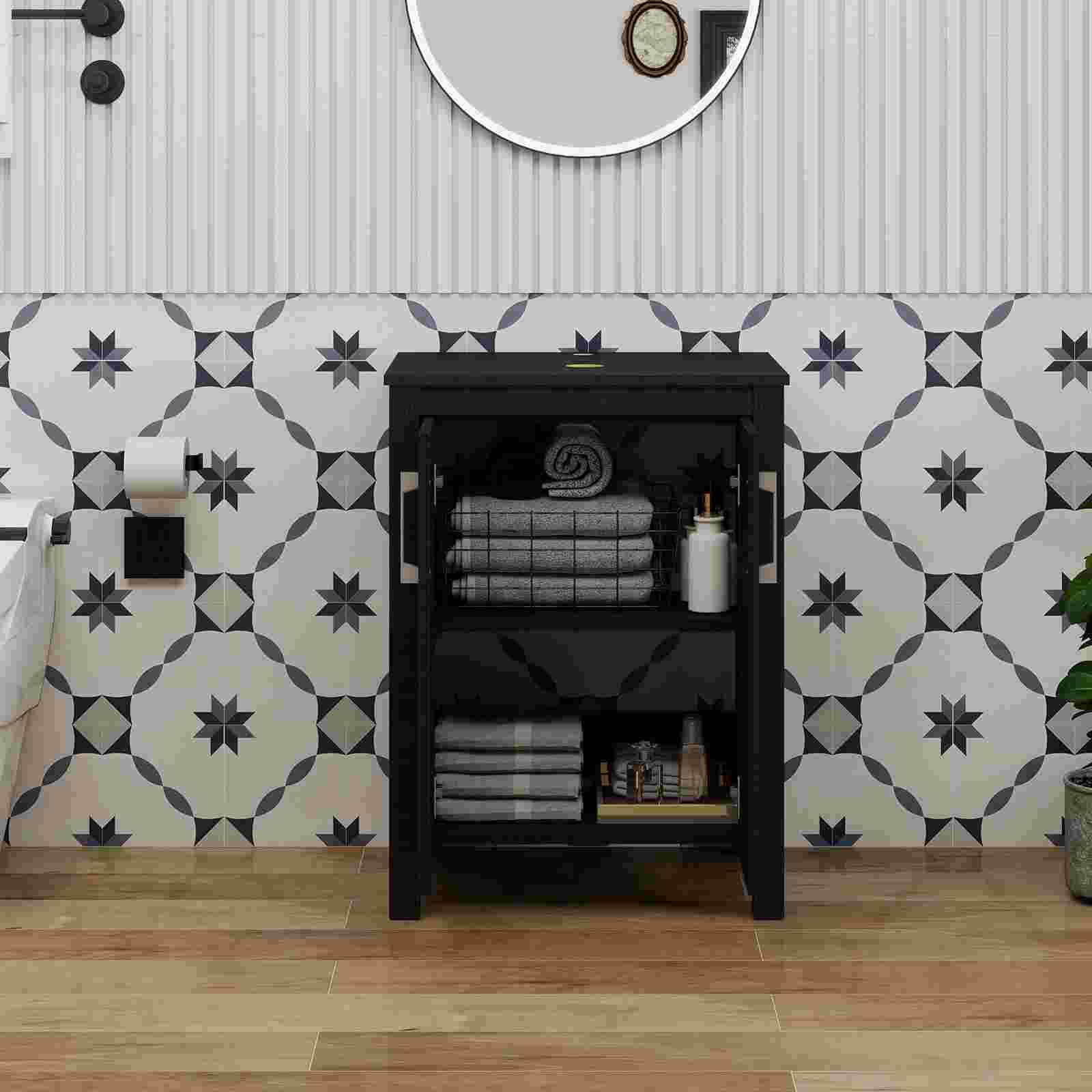 FULLWATT 24 Inches Traditional Bathroom Vanity in Black Finish, Single Bathroom Vanity with Top and 2-Door Cabinet