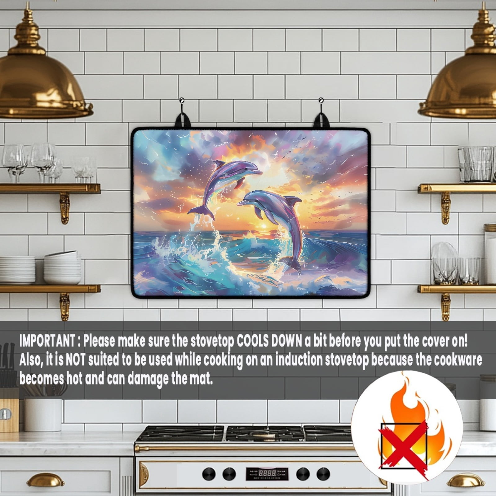 Renewold Stove Cover for Cooktop, Electric Stovetop Protector Cover Non-skid Induction Electric Stove Burner Cover Multipurpose Mat Easy to Clean, Dolphin Sea