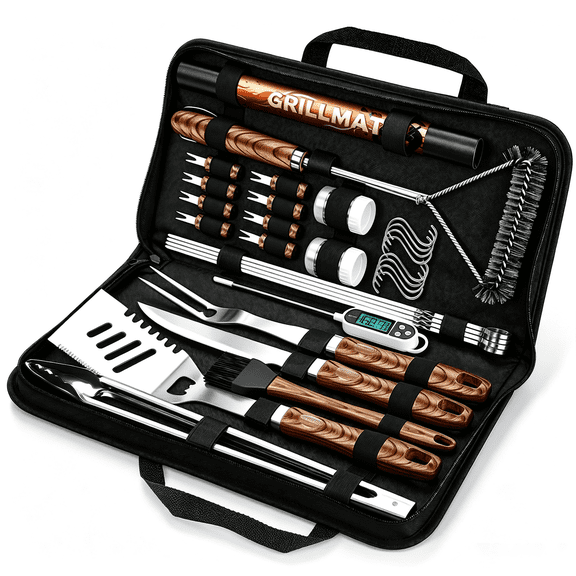 Stainless Steel Bbq Grill Accessories Set, 31PCS Heavy Duty Grilling Tools with Mats, Brush & Brown Carrying Bag, Fathers Day Gifts for Dad