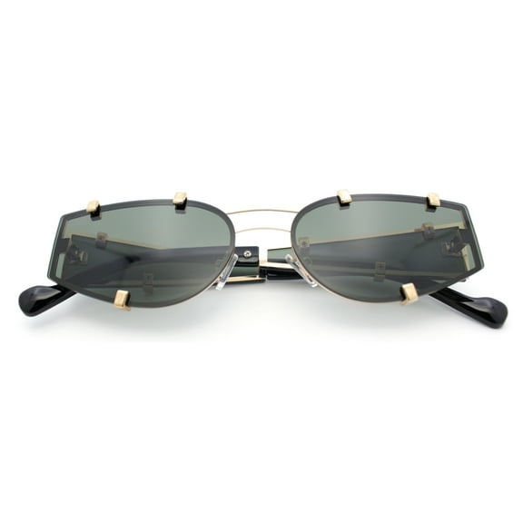 Womens Side Visor Retro Hipster Rimless Taper Rectangle Metal Rim Sunglasses Gold - Green