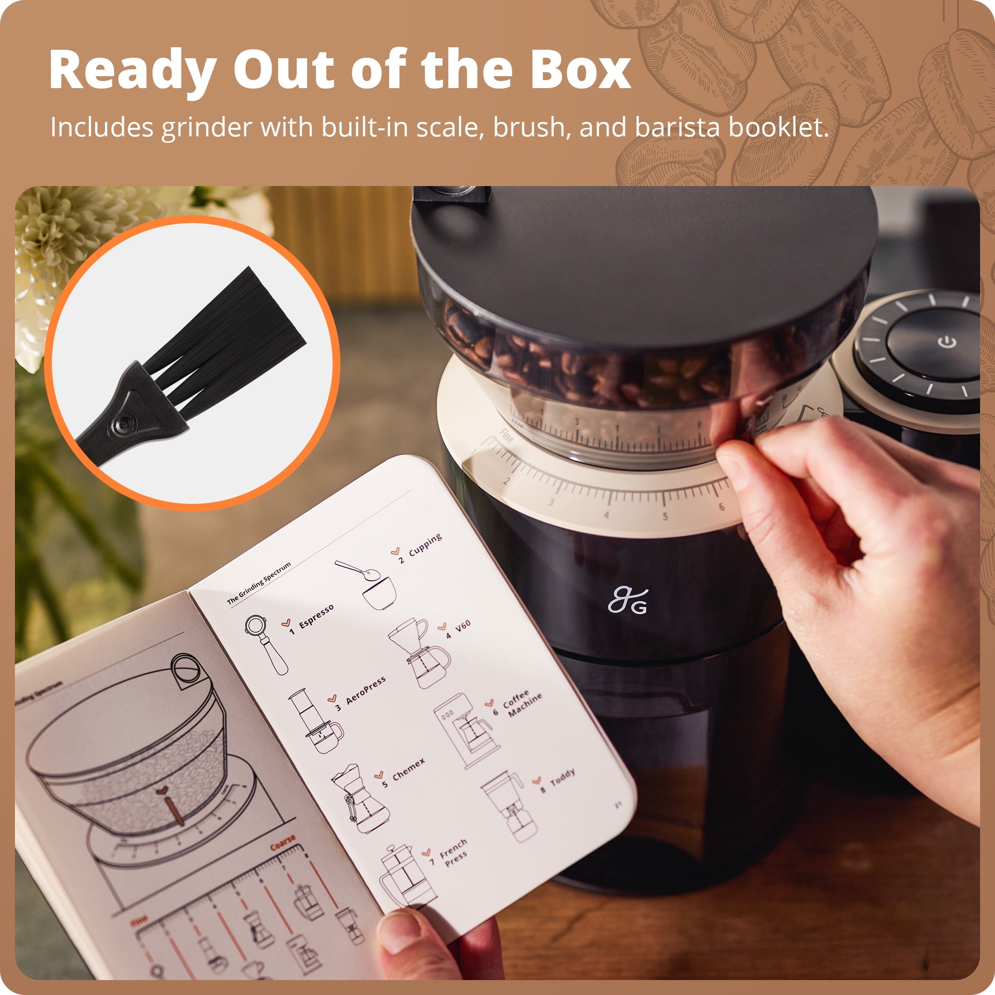 Greater Goods Burr Coffee Grinder, 8 Precise Grind Settings, 3-10 Cup, Espresso, Cupping, AeroPress, V60, Chemex, French Press, Toddy, Adjustable Settings & Built-in Scale (Onyx Black)