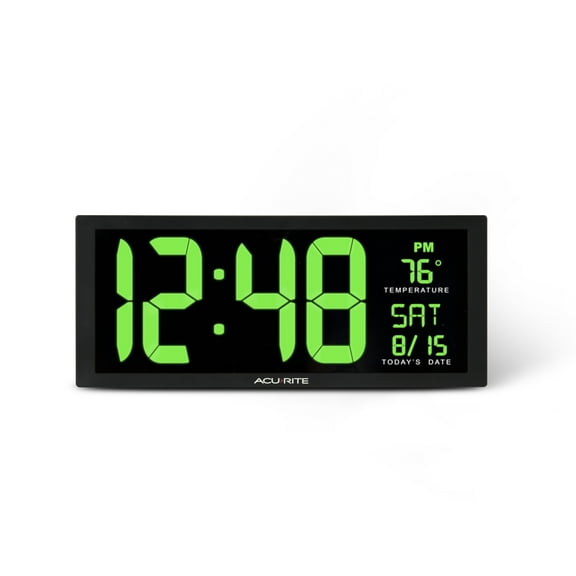 AcuRite 75155M Oversized Green LED Clock with Indoor Temperature, Date and Fold-Out Stand, 14.5-Inch