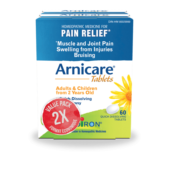 Boiron Arnicare Tablets, Homeopathic medicine for relief of muscle and joint pain, eases bruises and oedema from falls, blows, injury, 2 x 60 Quick-Dissolving Tablets