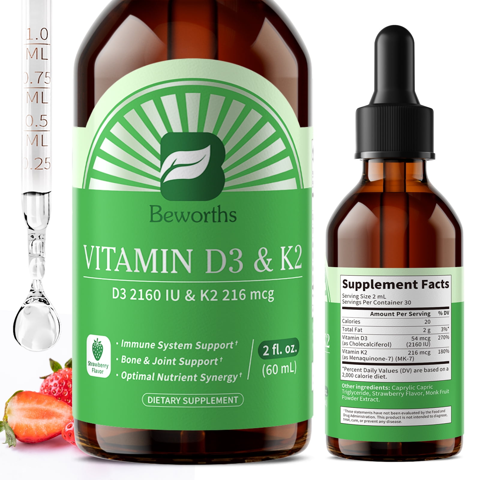 Vitamin D3 K2 Liquid Drops,10,000 IU D3 & 200Mcg K2 per Serving, Support Bone, Heart, Joint, 2 fl oz