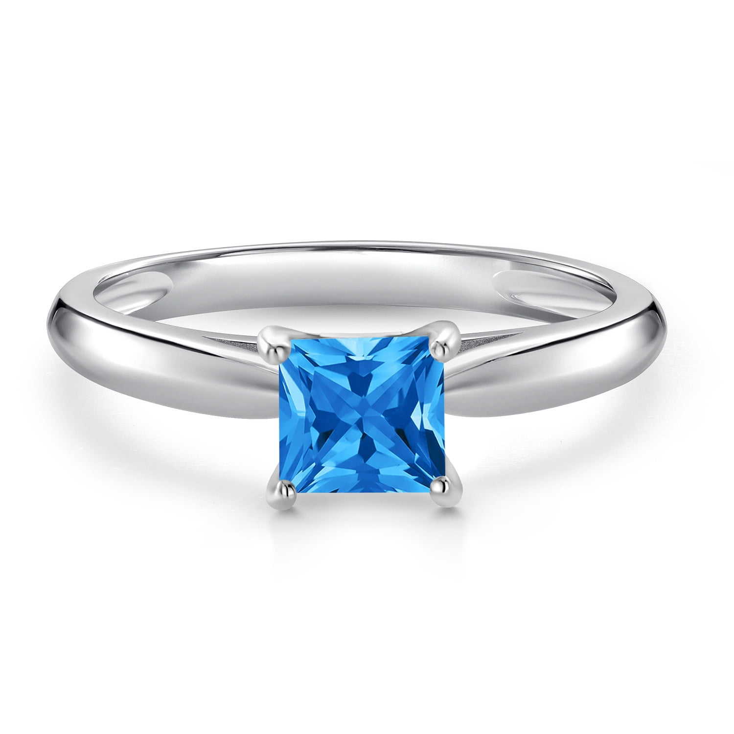 Gem Stone King 10K White Gold Fancy Blue Zirconia Engagement Ring for Women | 0.71 Cttw | Princess 5MM | Gemstone Birthstone | Size 5