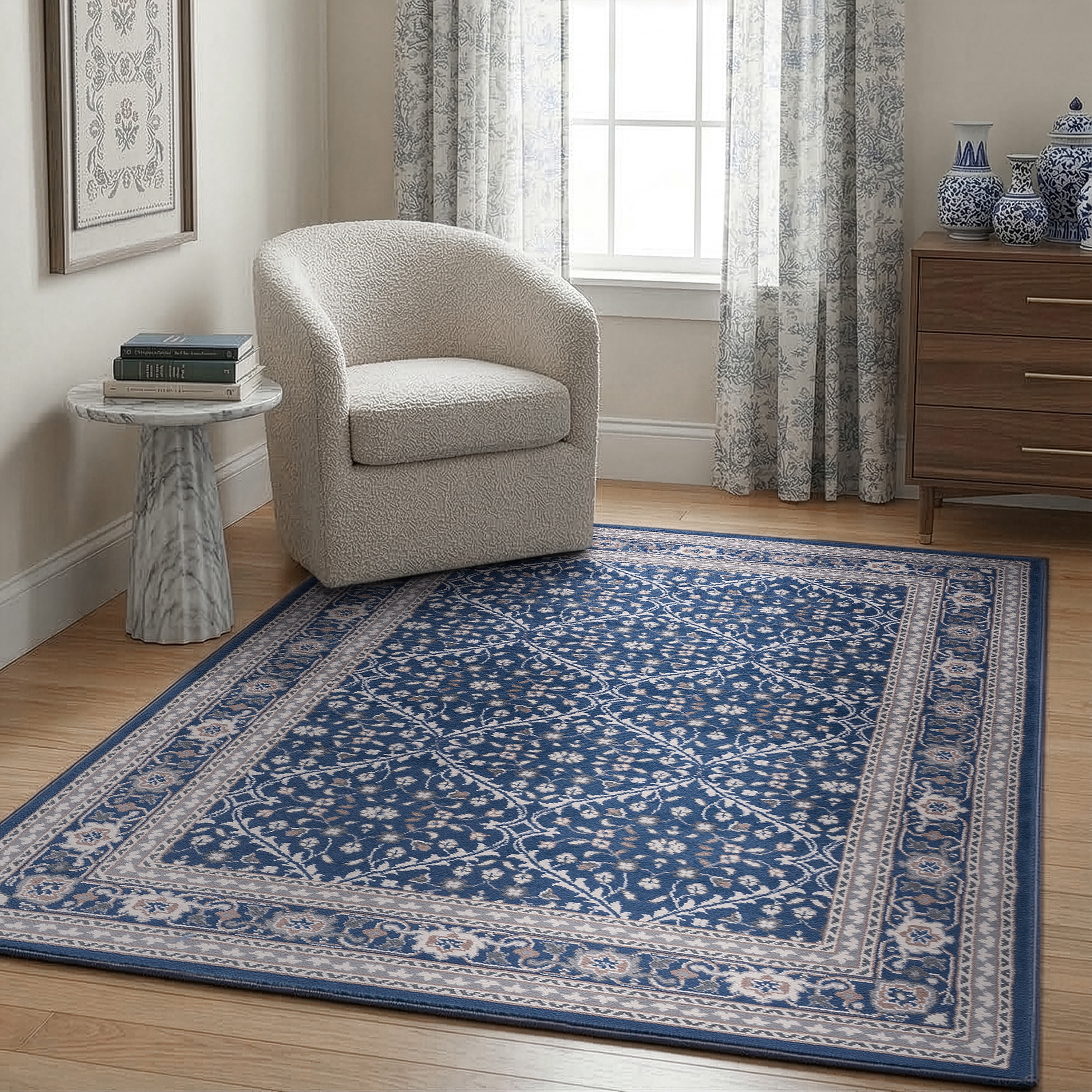 Madison Traditional 9' x 12' Navy and Cream Polypropylene Indoor Area Rug