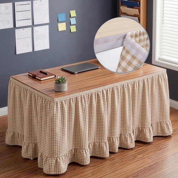 Gingham Table Skirt Hook and Loop, Ruffled Checkered Desk Skirt with Hook and Loop Fasteners for Parties, Offices and Event Decor (Brown)