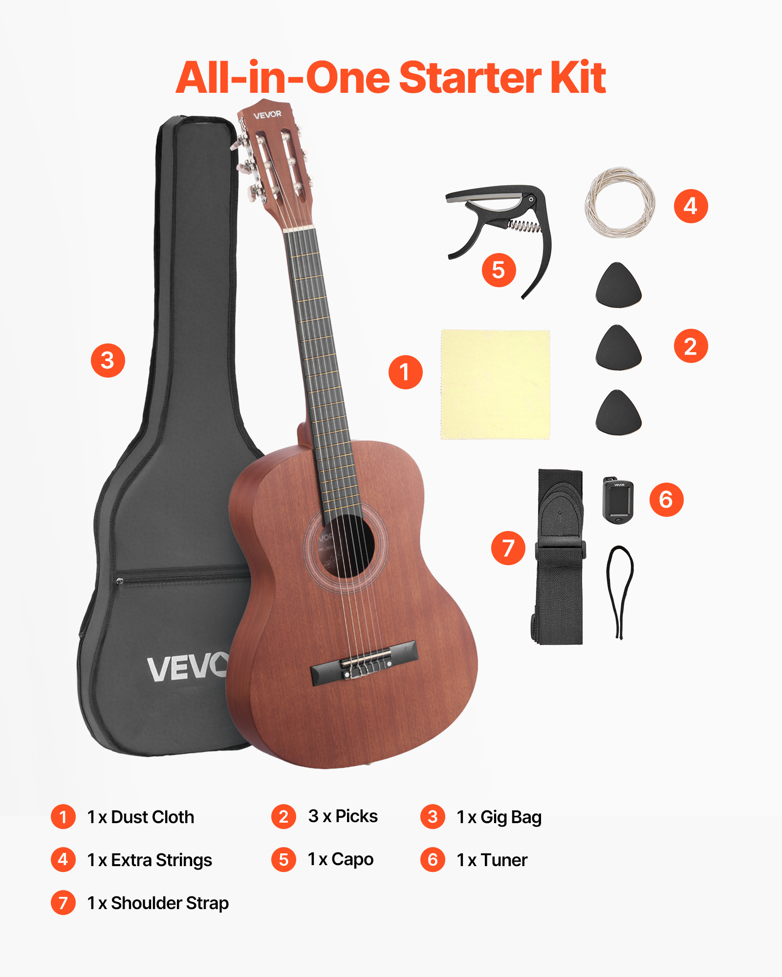 VEVOR Classical Guitar, 36 Inch, Wood Classical Guitar Starter Kit for Beginners, with Nylon Strings, Gig Bag, Strap, Tuner, Extra Strings, Picks, Capo, Sapele & Rosewood, for Kids Girls Boys,Natural