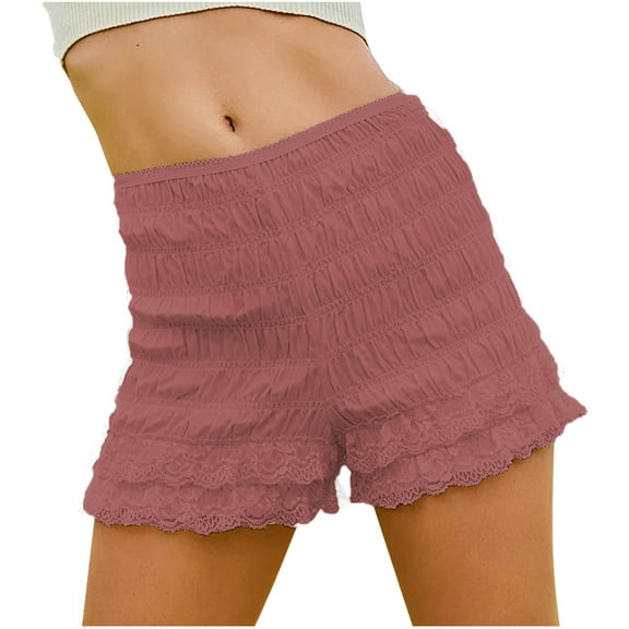 ABATAB Shorts for Women Ruffle Layered Lace Trim Smocked Shorts Cute Frill Ruched Dressy Pj Bottoms